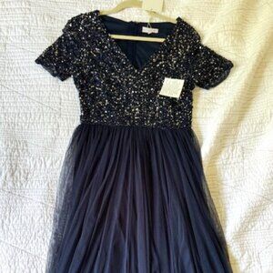 Women's Maya Deluxe Navy Sequin and Tule Evening Gown, Size 10